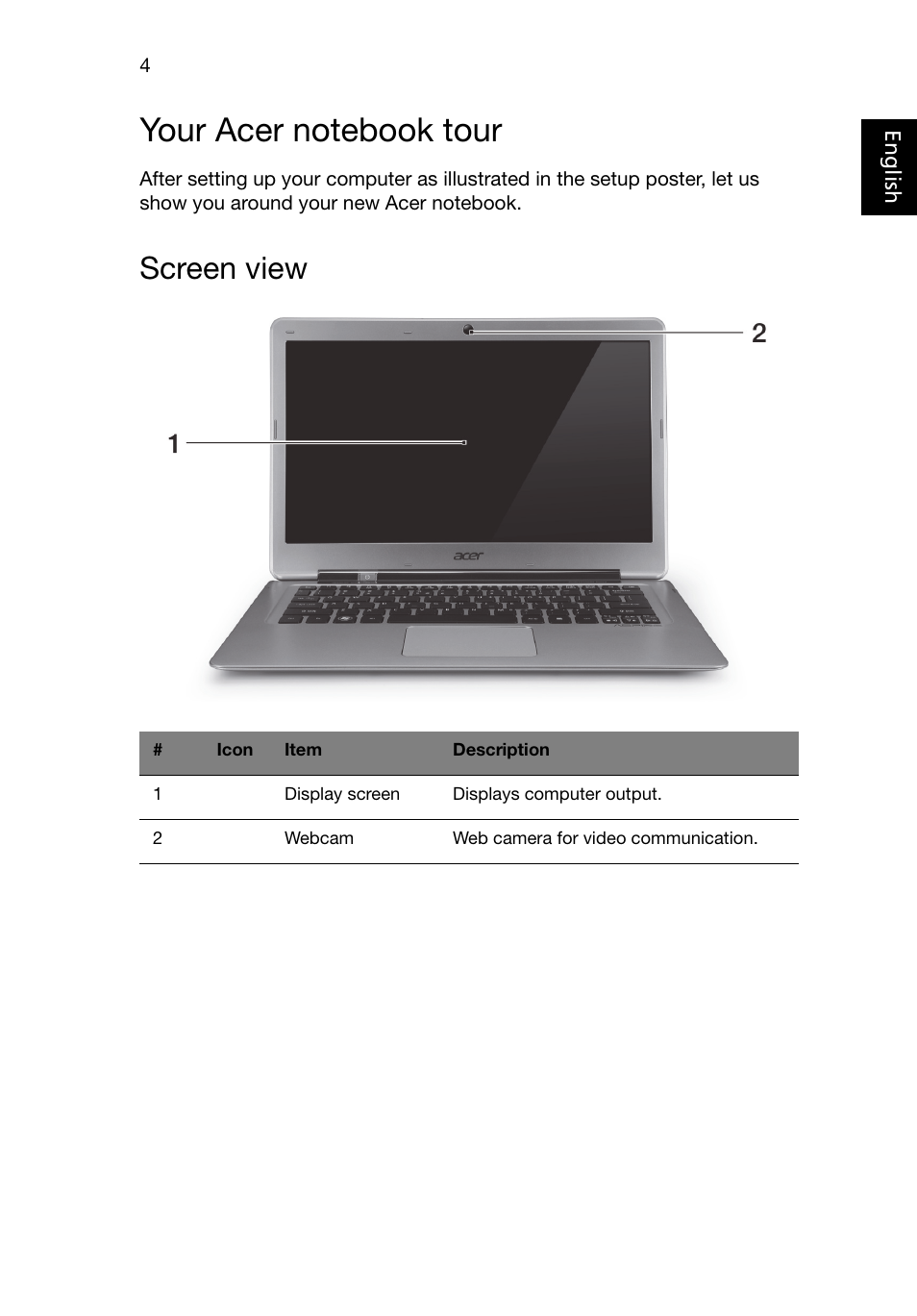 Your acer notebook tour, Screen view | Acer Aspire S3-331 User Manual | Page 4 / 10