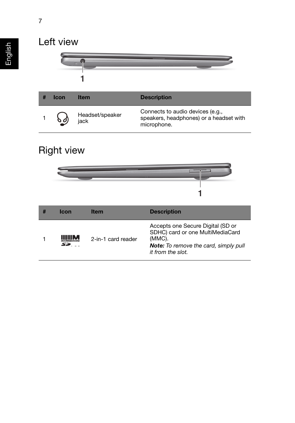 Left view, Right view, Left view right view | Acer Aspire S3-331 User Manual | Page 7 / 10