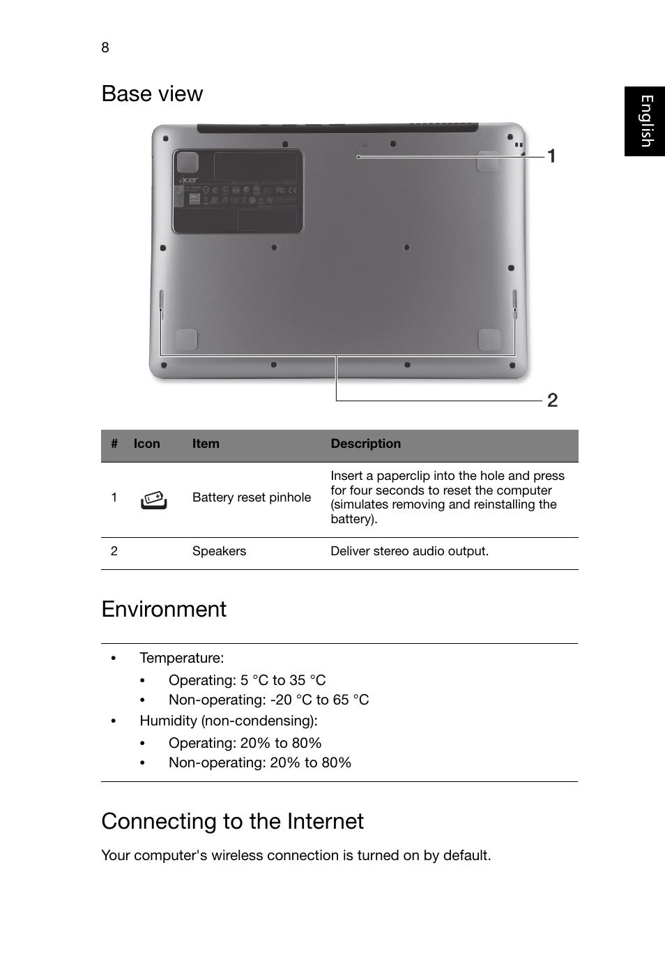 Base view, Environment, Connecting to the internet | Base view environment connecting to the internet | Acer Aspire S3-331 User Manual | Page 8 / 10