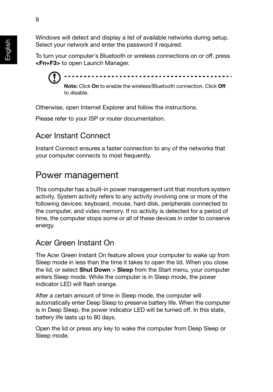 Power management, Acer instant connect, Acer green instant on | Acer Aspire S3-331 User Manual | Page 9 / 10