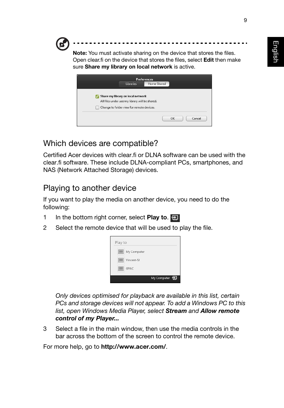 Which devices are compatible, Playing to another device | Acer Aspire X1935 User Manual | Page 19 / 32