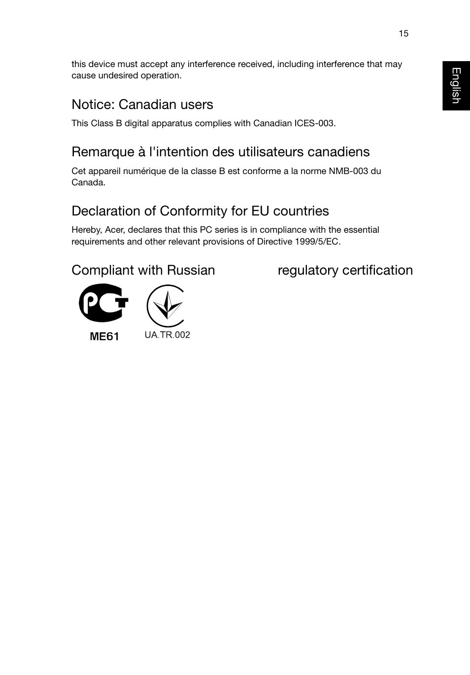 Notice: canadian users, Remarque à l'intention des utilisateurs canadiens, Declaration of conformity for eu countries | Acer Aspire X1935 User Manual | Page 25 / 32