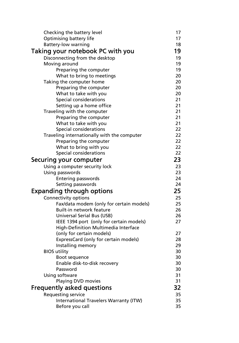 Securing your computer 23, Expanding through options 25, Frequently asked questions 32 | Acer TravelMate Series User Manual | Page 18 / 62