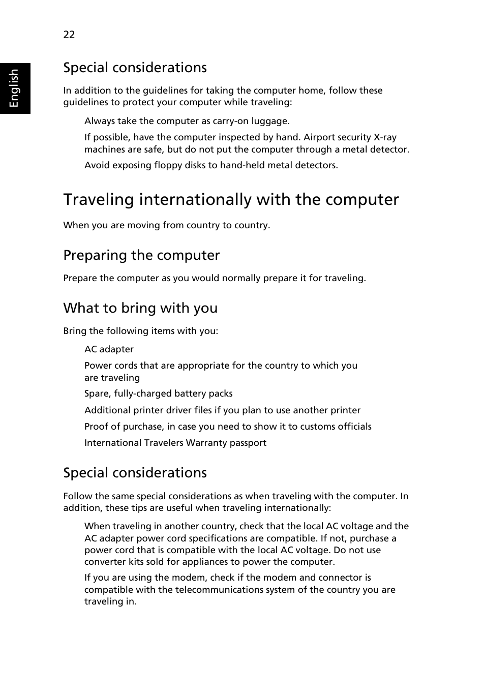 Traveling internationally with the computer, Special considerations, Preparing the computer | What to bring with you | Acer TravelMate Series User Manual | Page 42 / 62