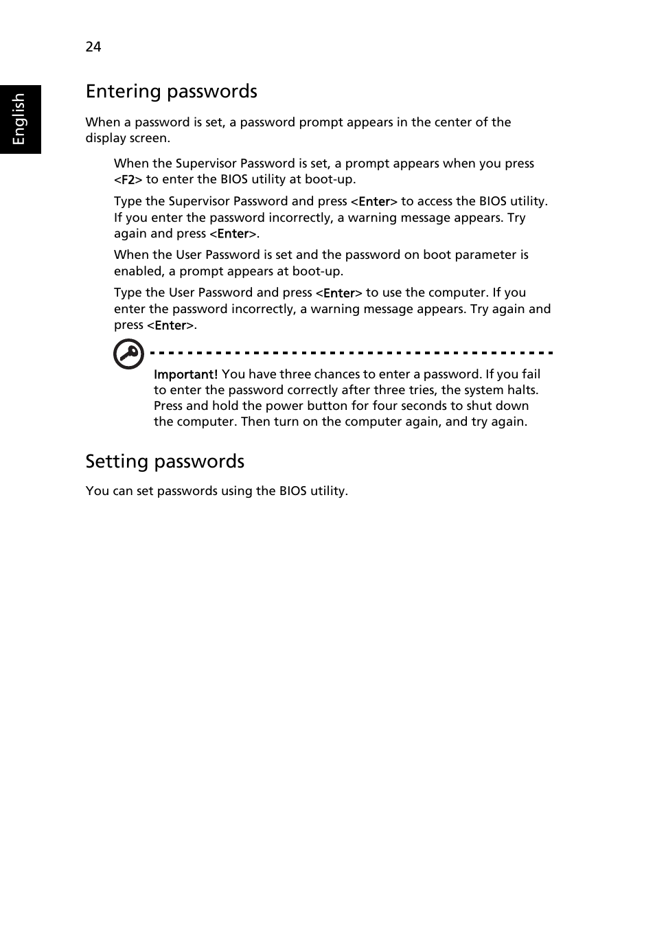 Entering passwords, Setting passwords | Acer TravelMate Series User Manual | Page 44 / 62