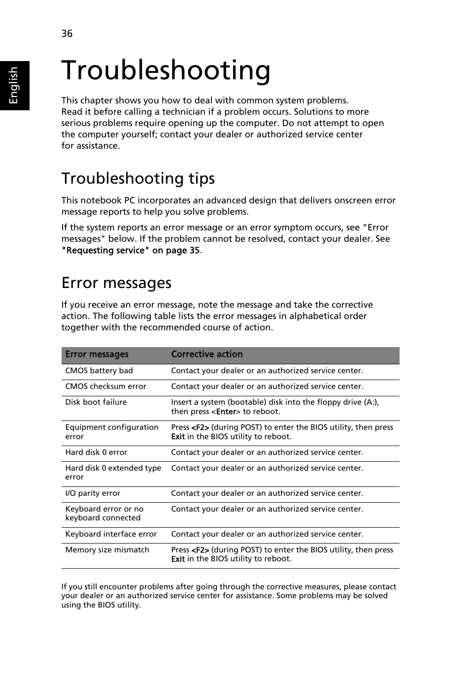 Troubleshooting, Troubleshooting tips, Error messages | English | Acer TravelMate Series User Manual | Page 56 / 62