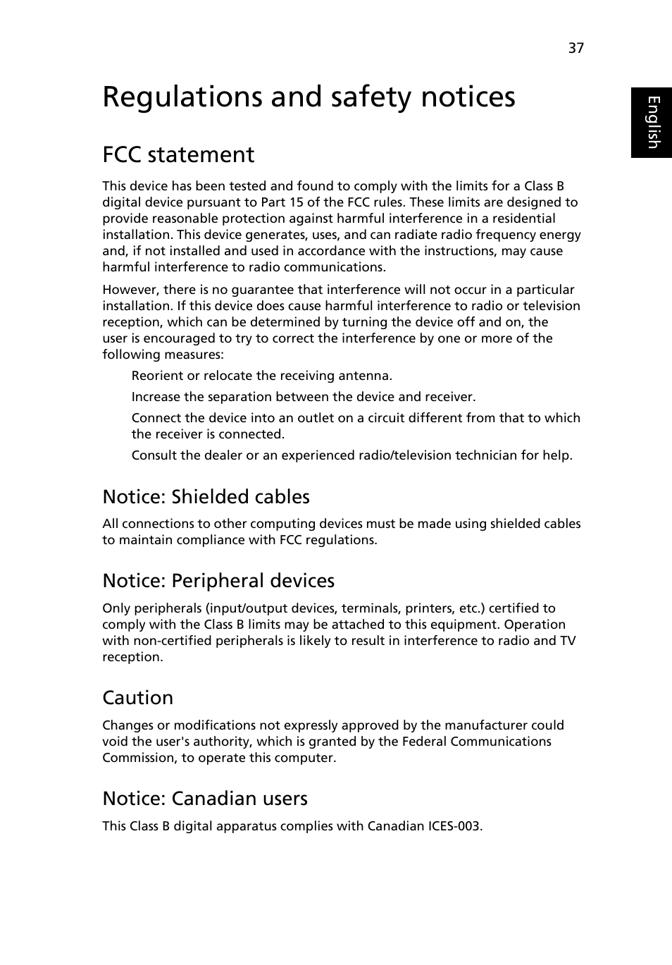 Regulations and safety notices, Fcc statement, Notice: shielded cables | Notice: peripheral devices, Caution, Notice: canadian users | Acer TravelMate Series User Manual | Page 57 / 62