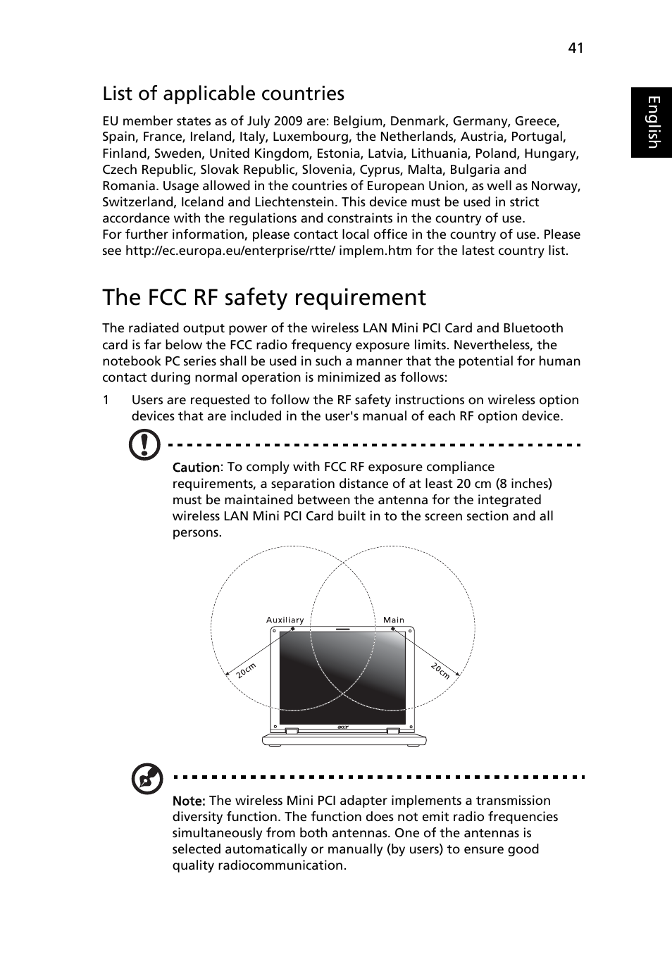 The fcc rf safety requirement, List of applicable countries | Acer TravelMate Series User Manual | Page 61 / 62