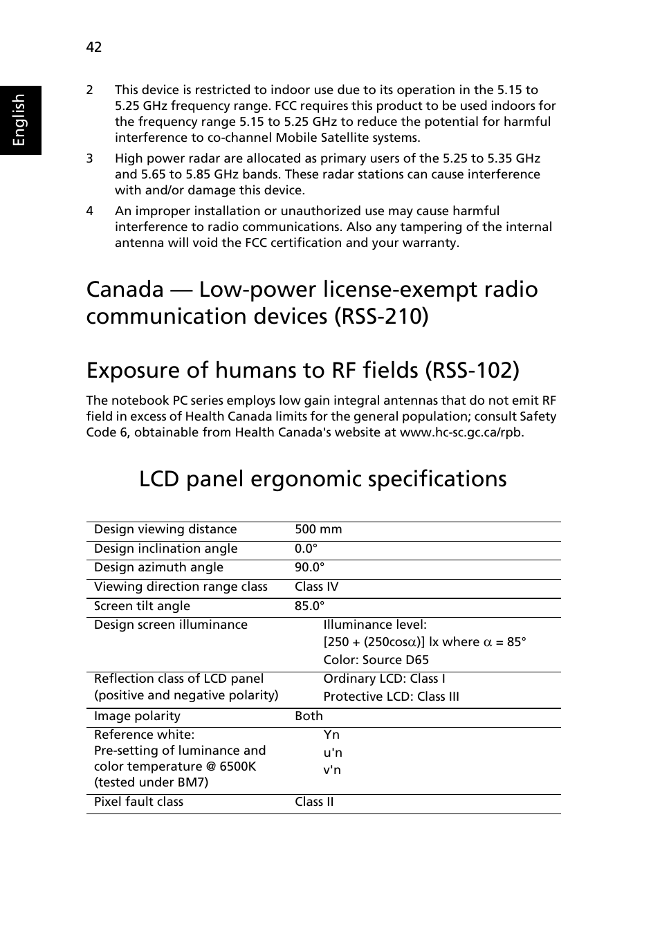 Exposure of humans to rf fields (rss-102), Lcd panel ergonomic specifications | Acer TravelMate Series User Manual | Page 62 / 62