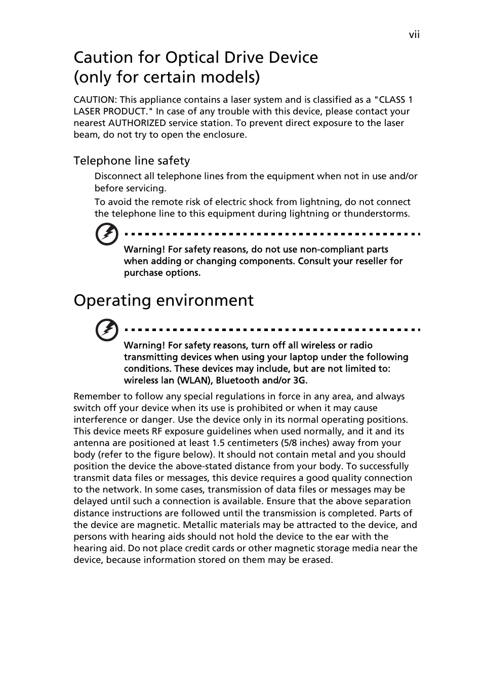 Operating environment | Acer TravelMate Series User Manual | Page 7 / 62