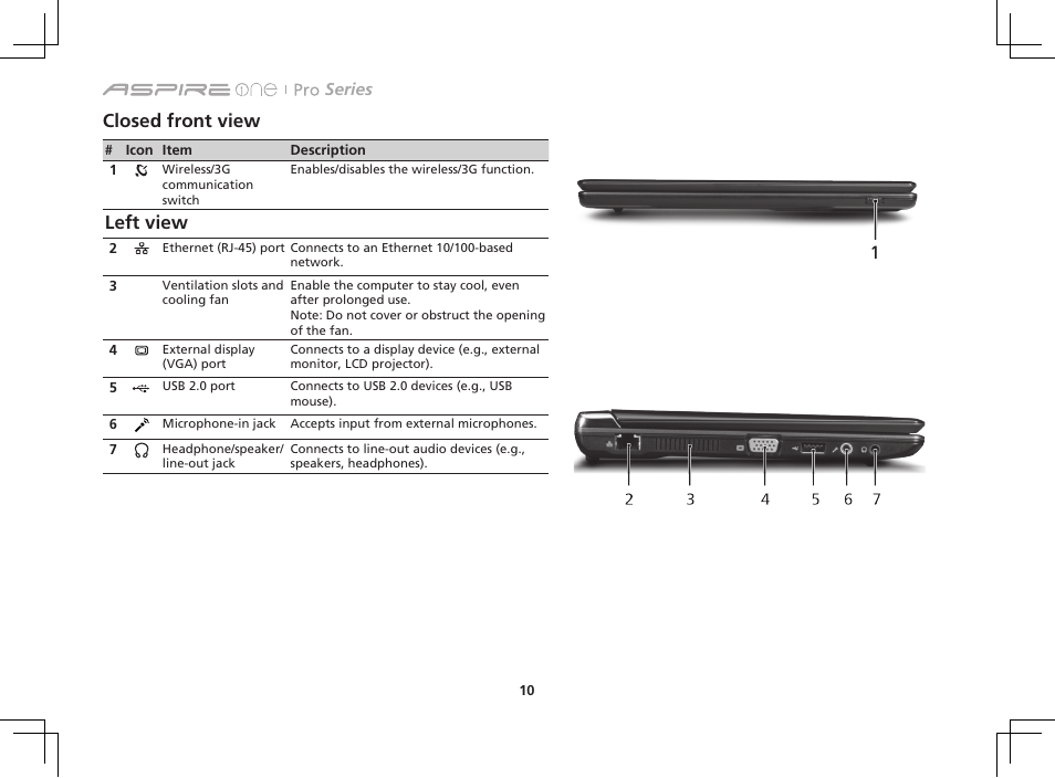 Closed front view, Left view | Acer AOP531h User Manual | Page 10 / 12