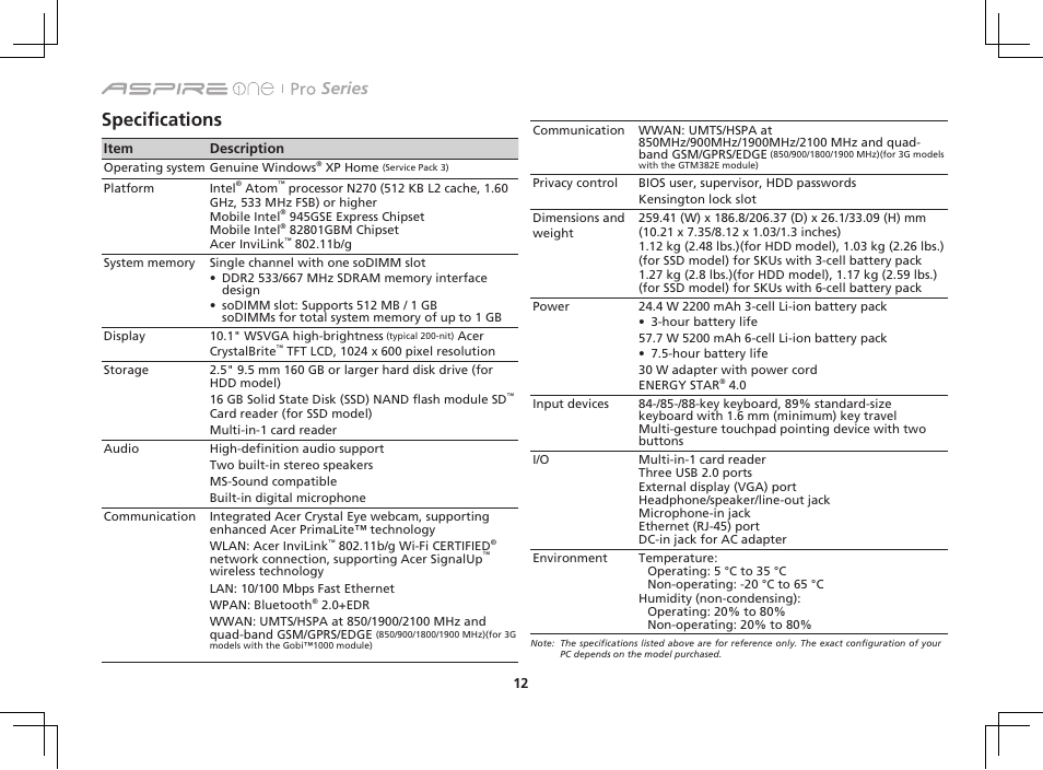 Specifications, Series | Acer AOP531h User Manual | Page 12 / 12