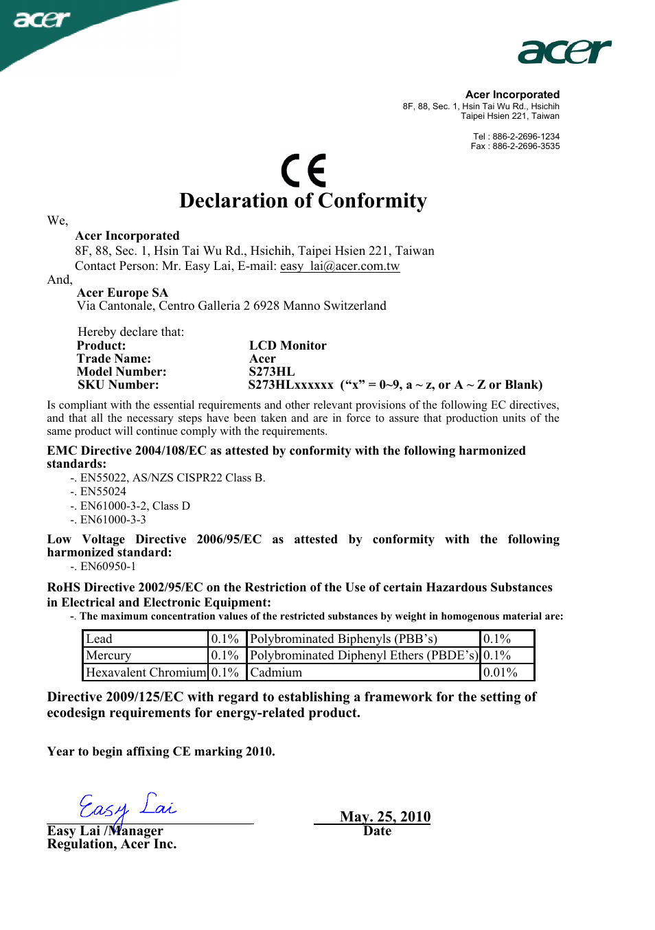 Declaration of conformity, Easy lai /manager date regulation, acer inc | Acer S273HL User Manual | Page 10 / 27