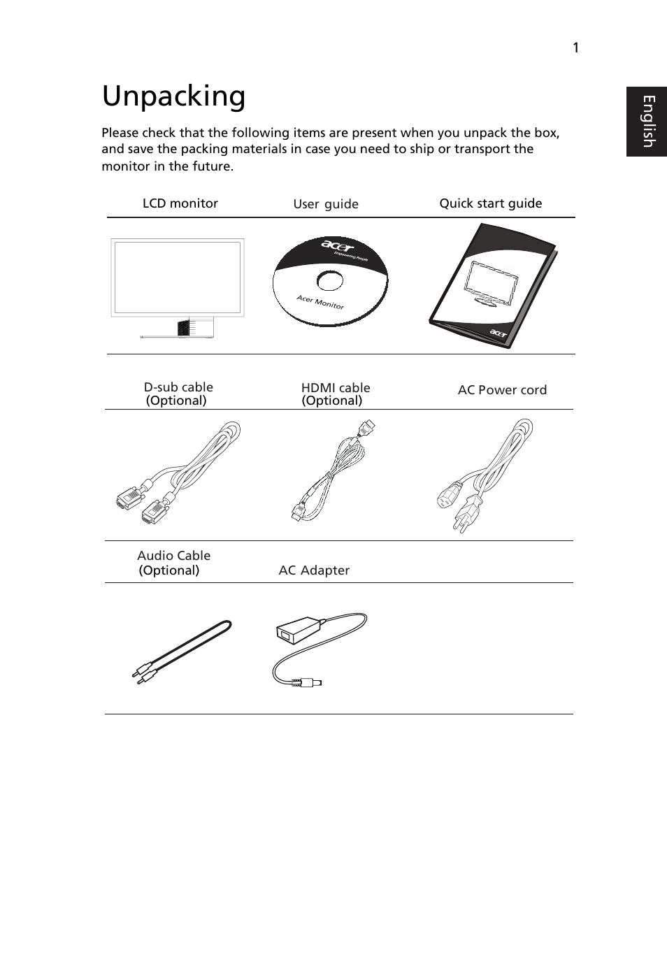 Unpacking | Acer S273HL User Manual | Page 13 / 27