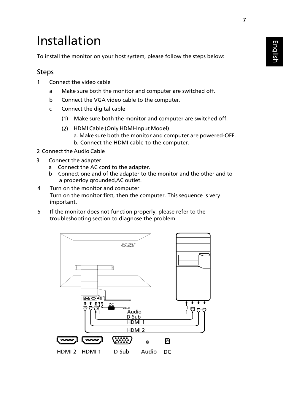Standard timing table, Installation, En g lis h | Steps | Acer S273HL User Manual | Page 19 / 27
