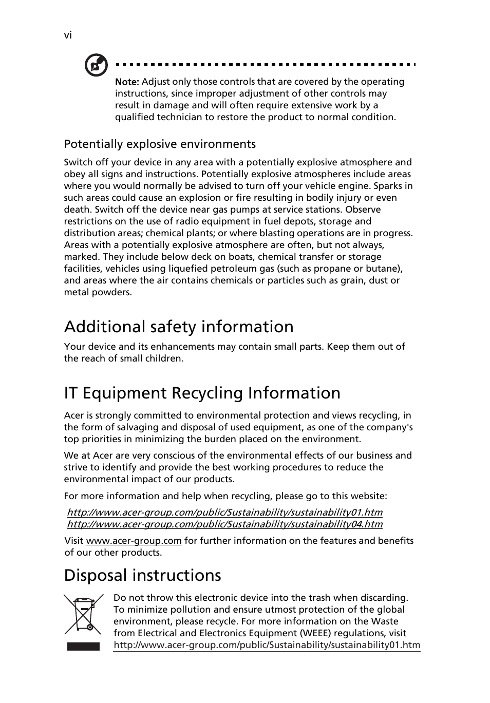 Additional safety information, It equipment recycling information, Disposal instructions | Acer S273HL User Manual | Page 6 / 27