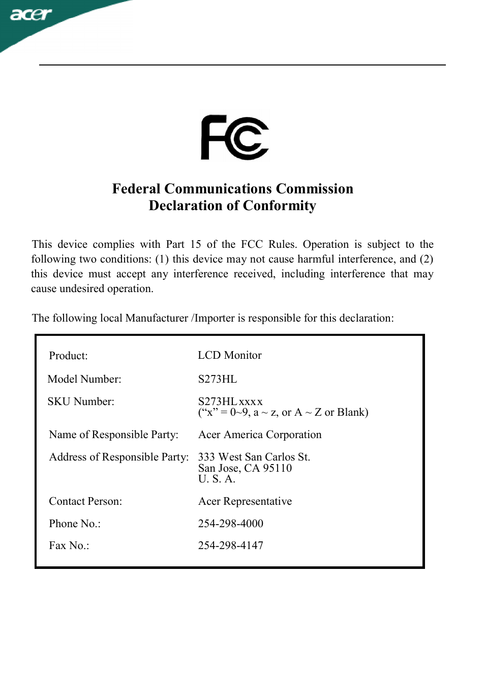 Acer S273HL User Manual | Page 9 / 27