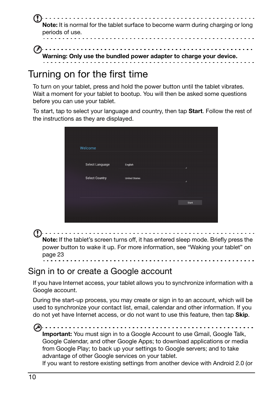 Turning on for the first time, Sign in to or create a google account | Acer A210 User Manual | Page 10 / 59