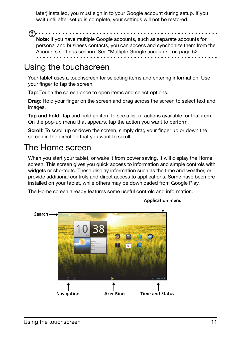 Using the touchscreen, The home screen | Acer A210 User Manual | Page 11 / 59