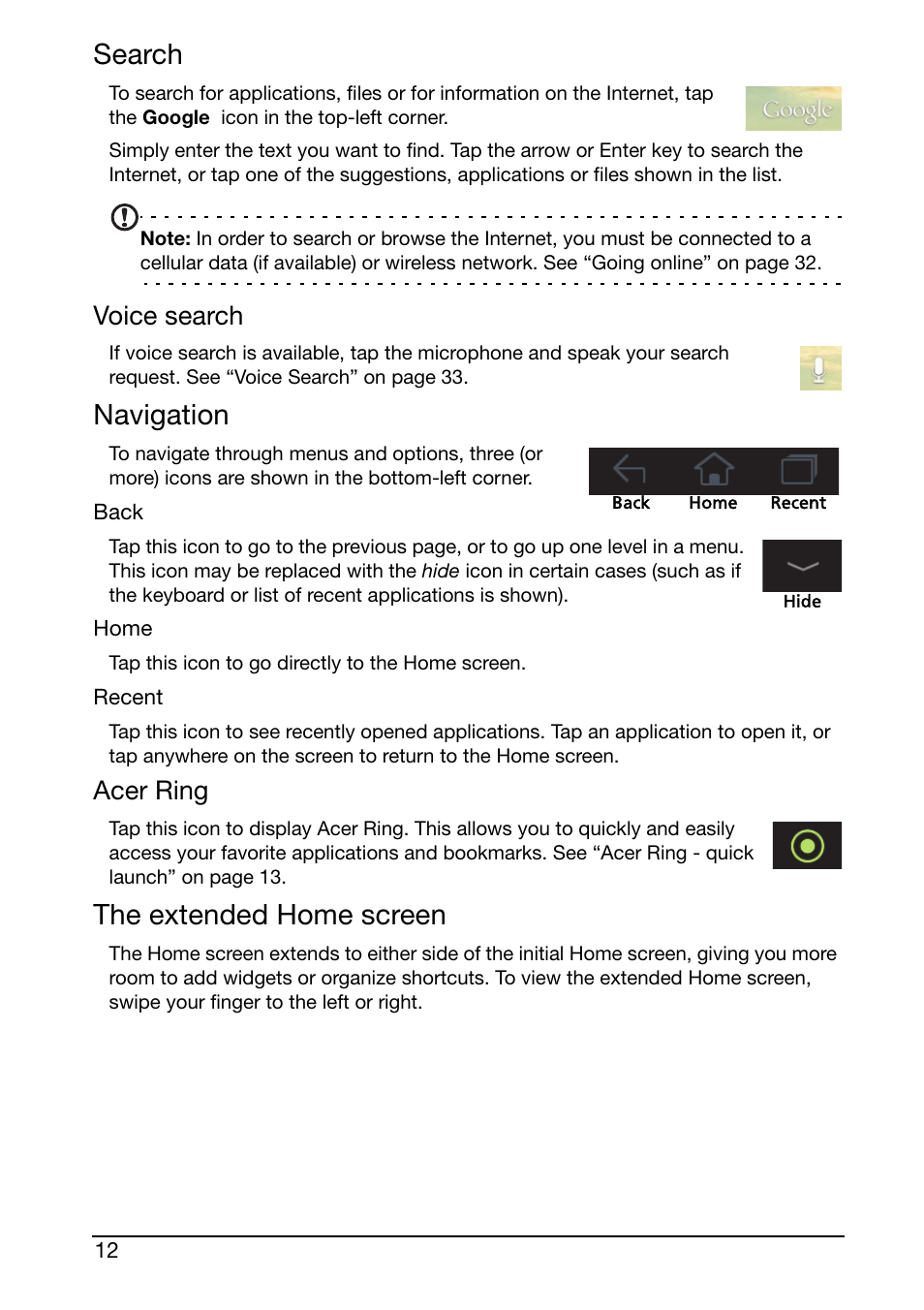 Search, Navigation, The extended home screen | Voice search, Acer ring | Acer A210 User Manual | Page 12 / 59