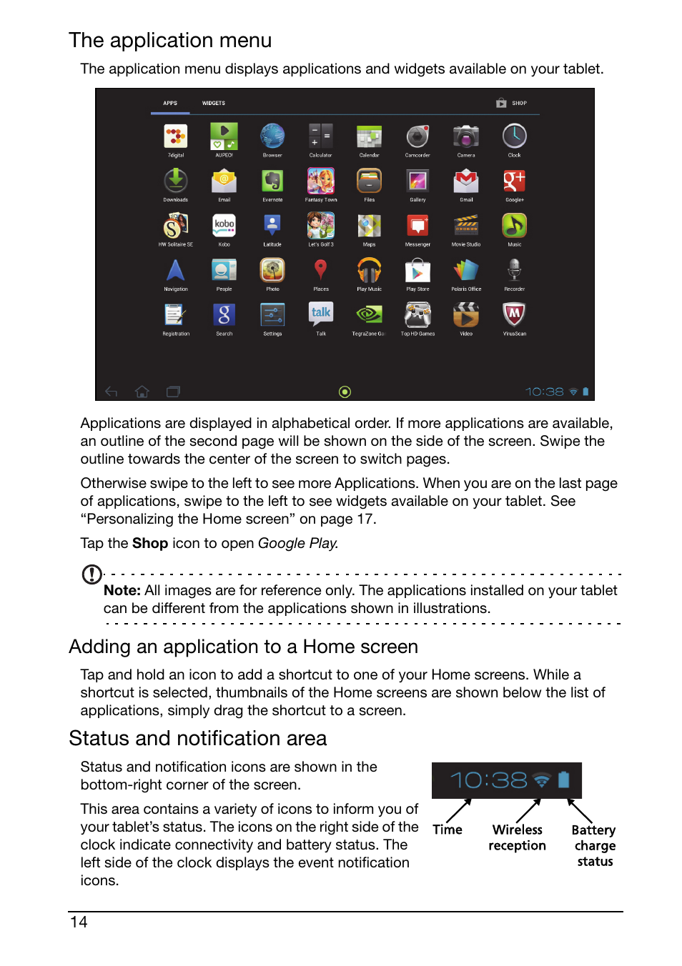 The application menu, Status and notification area, Adding an application to a home screen | Acer A210 User Manual | Page 14 / 59