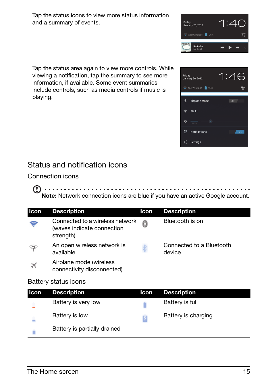 Status and notification icons | Acer A210 User Manual | Page 15 / 59