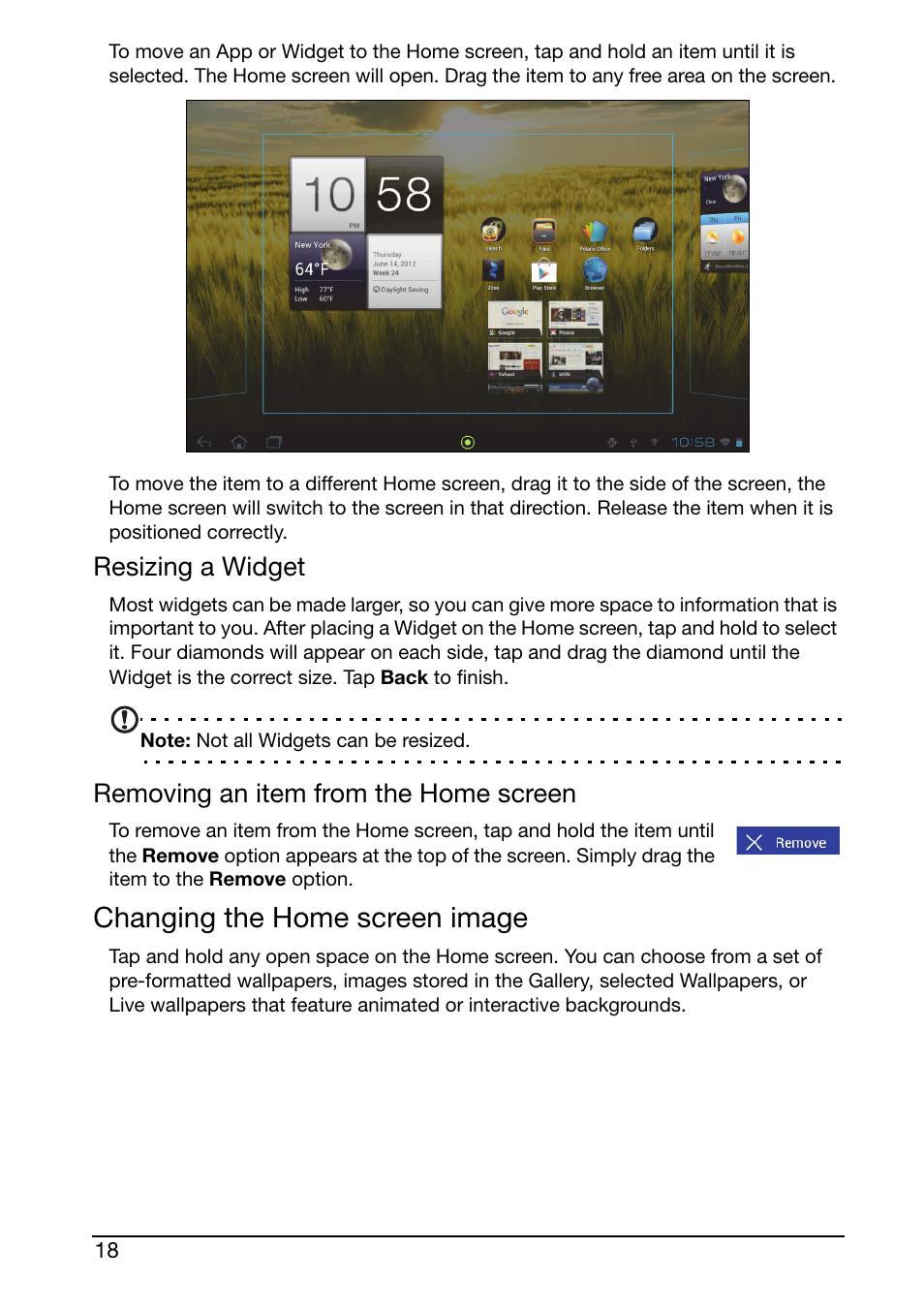 Changing the home screen image, Resizing a widget, Removing an item from the home screen | Acer A210 User Manual | Page 18 / 59