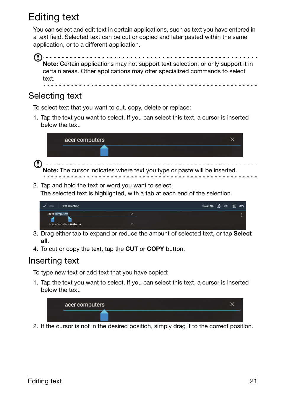 Editing text, Selecting text, Inserting text | Acer A210 User Manual | Page 21 / 59