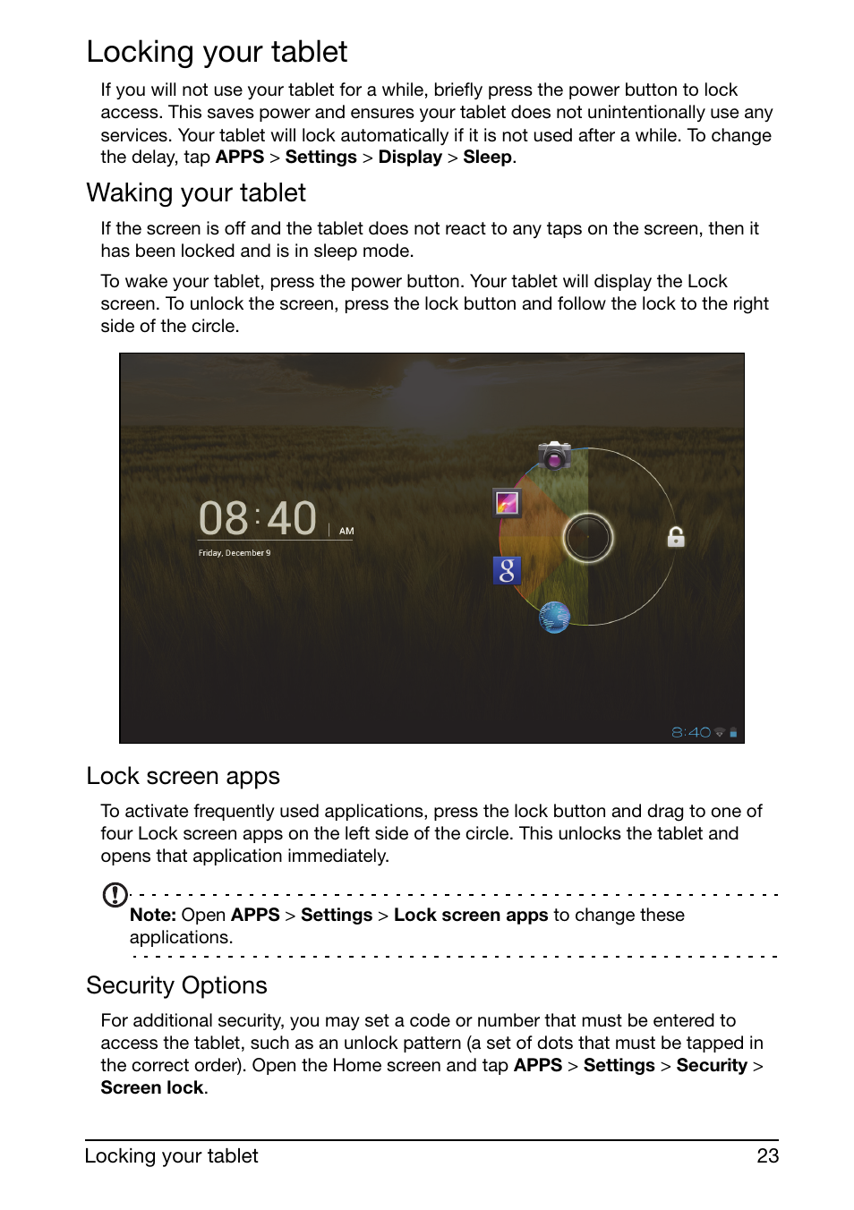 Locking your tablet, Waking your tablet, Lock screen apps | Security options | Acer A210 User Manual | Page 23 / 59