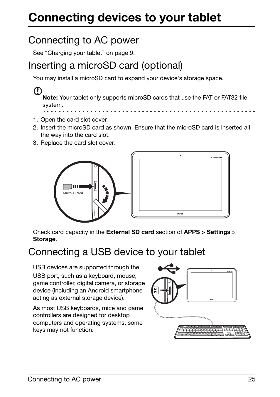 Connecting to ac power, Inserting a microsd card (optional), Connecting a usb device to your tablet | Connecting devices to your tablet | Acer A210 User Manual | Page 25 / 59