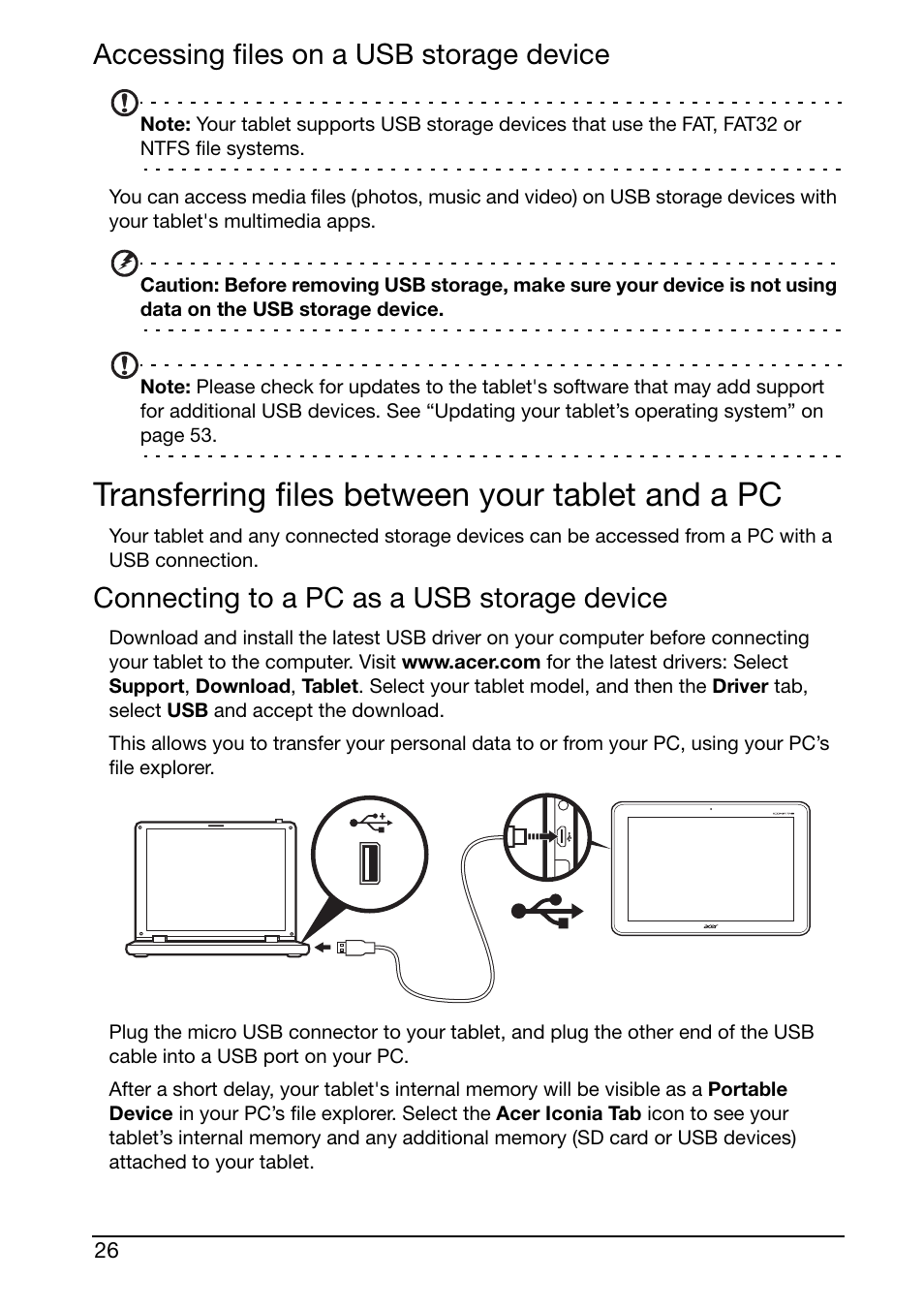 Transferring files between your tablet and a pc, Accessing files on a usb storage device, Connecting to a pc as a usb storage device | Acer A210 User Manual | Page 26 / 59