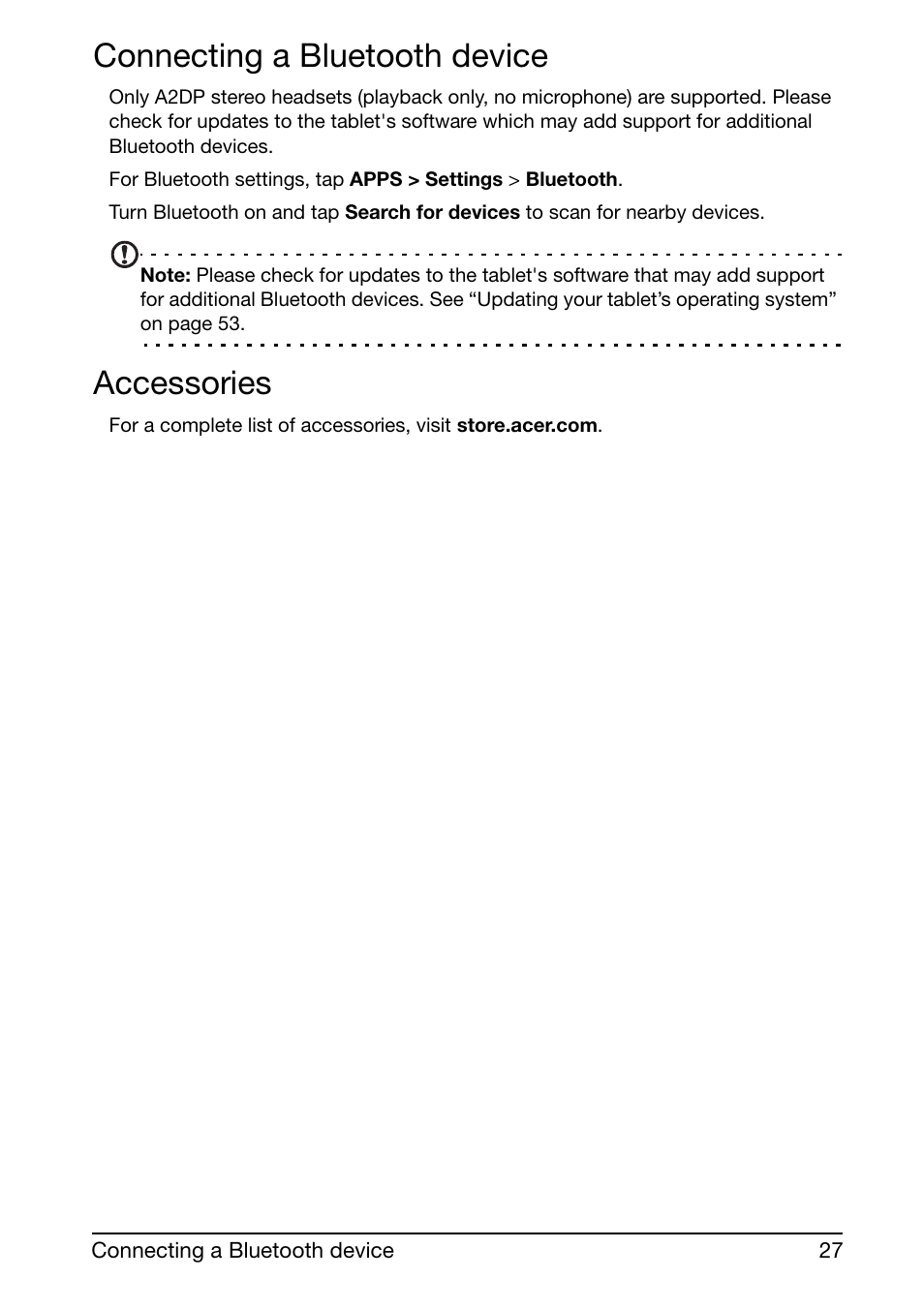 Connecting a bluetooth device, Accessories | Acer A210 User Manual | Page 27 / 59