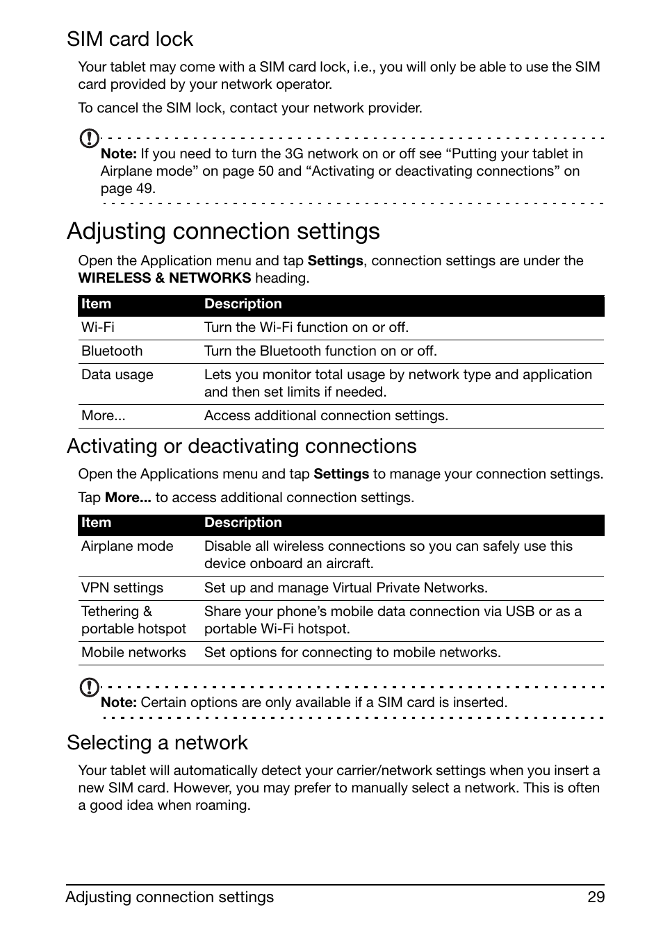 Adjusting connection settings, Sim card lock, Activating or deactivating connections | Selecting a network | Acer A210 User Manual | Page 29 / 59