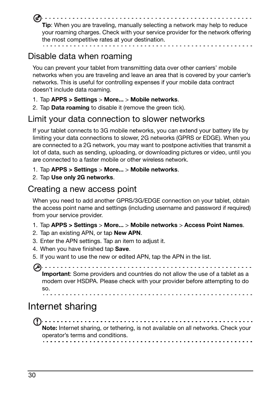 Internet sharing, Disable data when roaming, Limit your data connection to slower networks | Creating a new access point | Acer A210 User Manual | Page 30 / 59