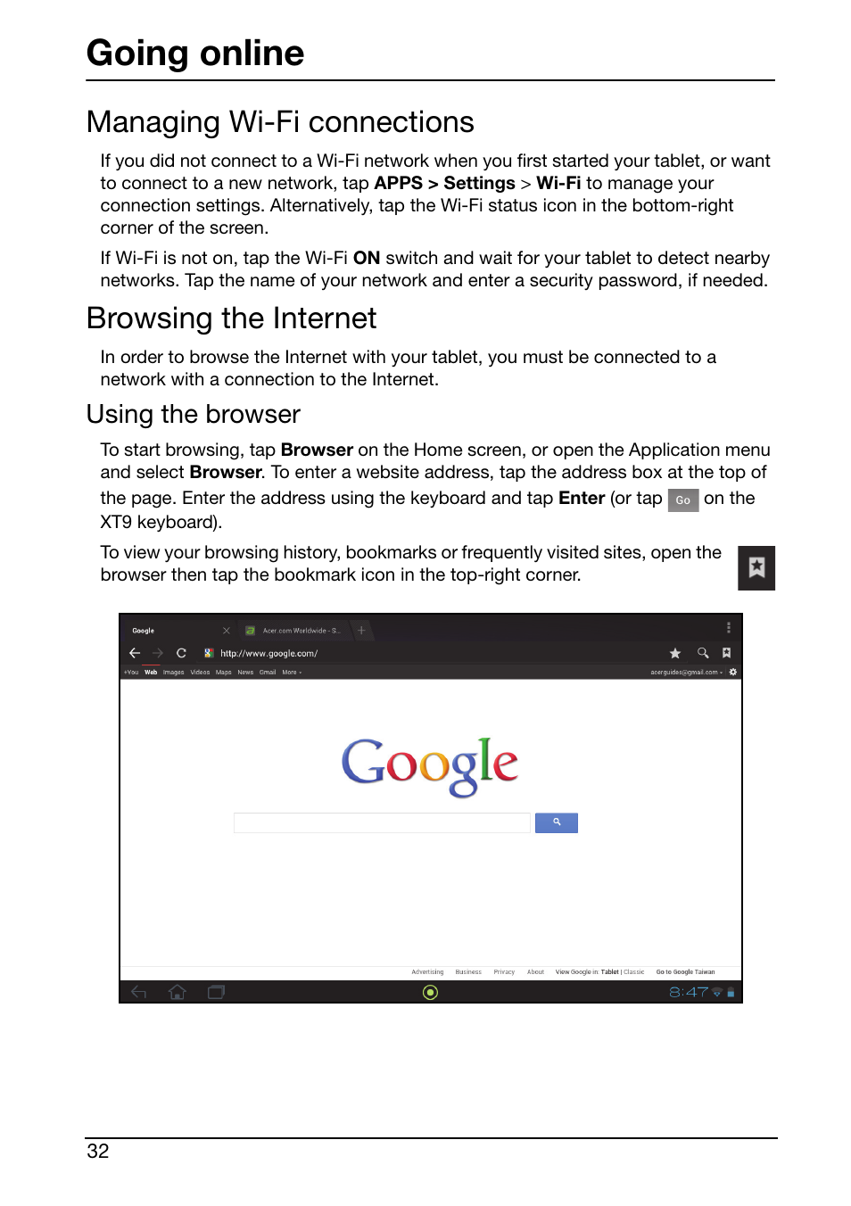 Managing wi-fi connections, Browsing the internet, Going online | Using the browser | Acer A210 User Manual | Page 32 / 59