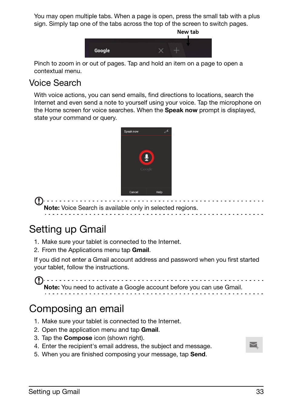 Setting up gmail, Composing an email, Voice search | Acer A210 User Manual | Page 33 / 59