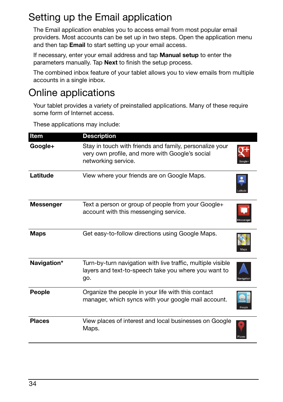 Setting up the email application, Online applications | Acer A210 User Manual | Page 34 / 59