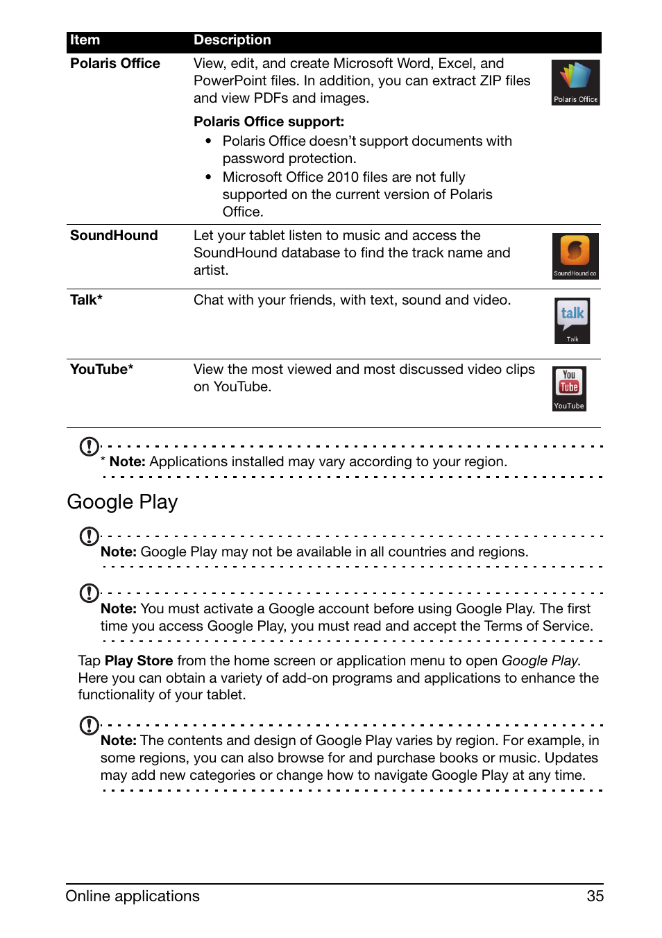 Google play | Acer A210 User Manual | Page 35 / 59