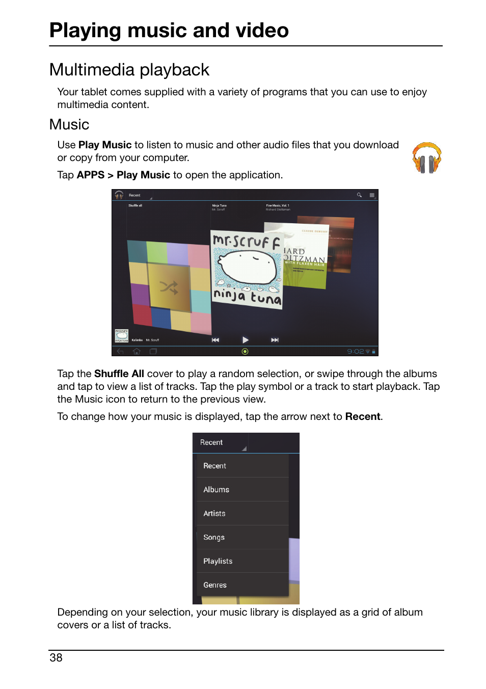 Multimedia playback, Playing music and video, Music | Acer A210 User Manual | Page 38 / 59