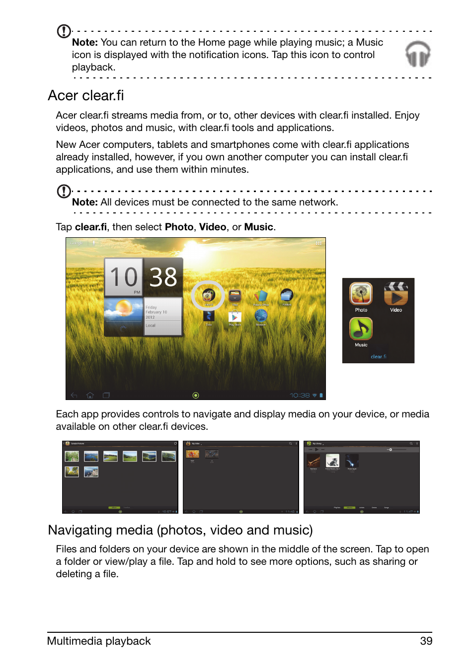 Acer clear.fi, Navigating media (photos, video and music) | Acer A210 User Manual | Page 39 / 59