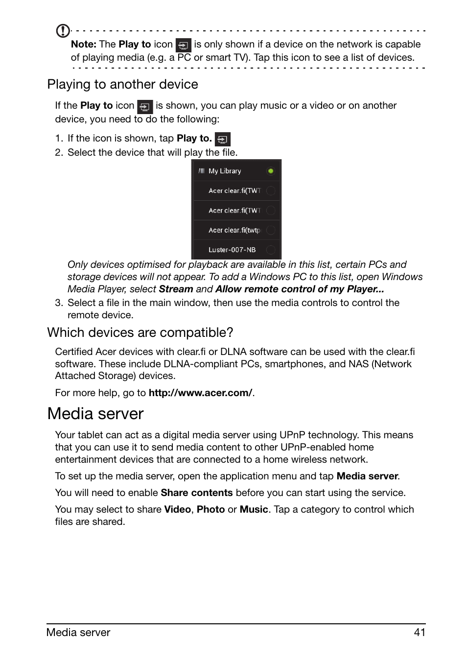 Media server, Playing to another device, Which devices are compatible | Acer A210 User Manual | Page 41 / 59