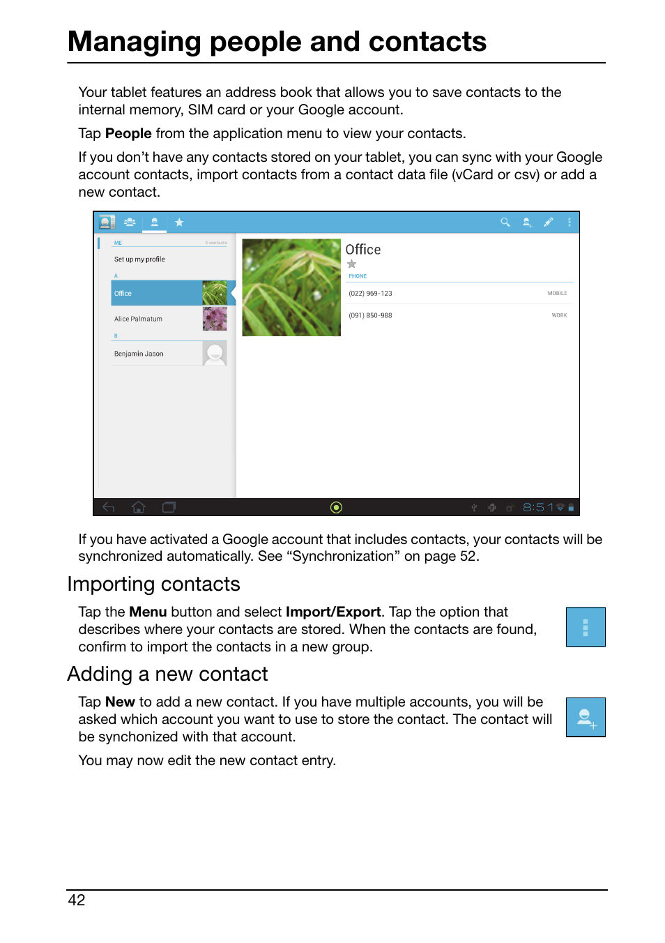 Managing people and contacts, Importing contacts, Adding a new contact | Acer A210 User Manual | Page 42 / 59