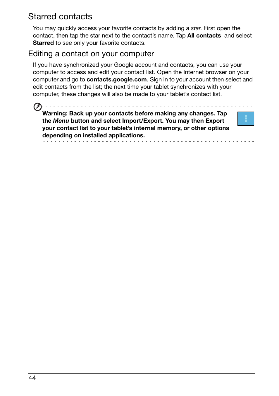 Starred contacts, Editing a contact on your computer | Acer A210 User Manual | Page 44 / 59