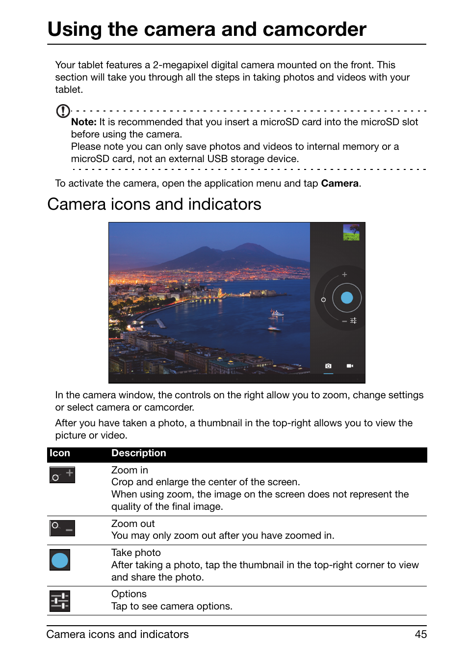Camera icons and indicators, Using the camera and camcorder | Acer A210 User Manual | Page 45 / 59