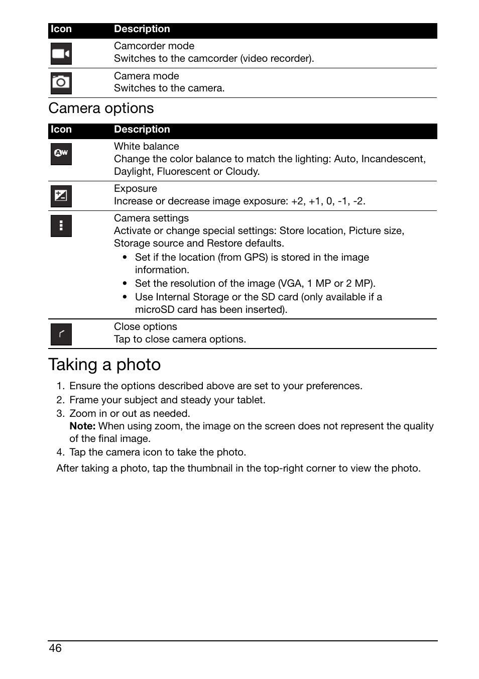 Taking a photo, Camera options | Acer A210 User Manual | Page 46 / 59