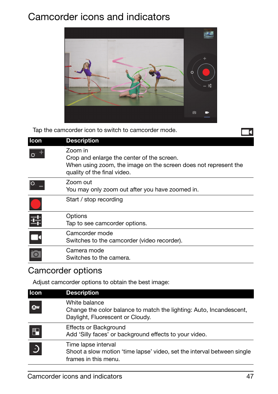 Camcorder icons and indicators, Camcorder options | Acer A210 User Manual | Page 47 / 59