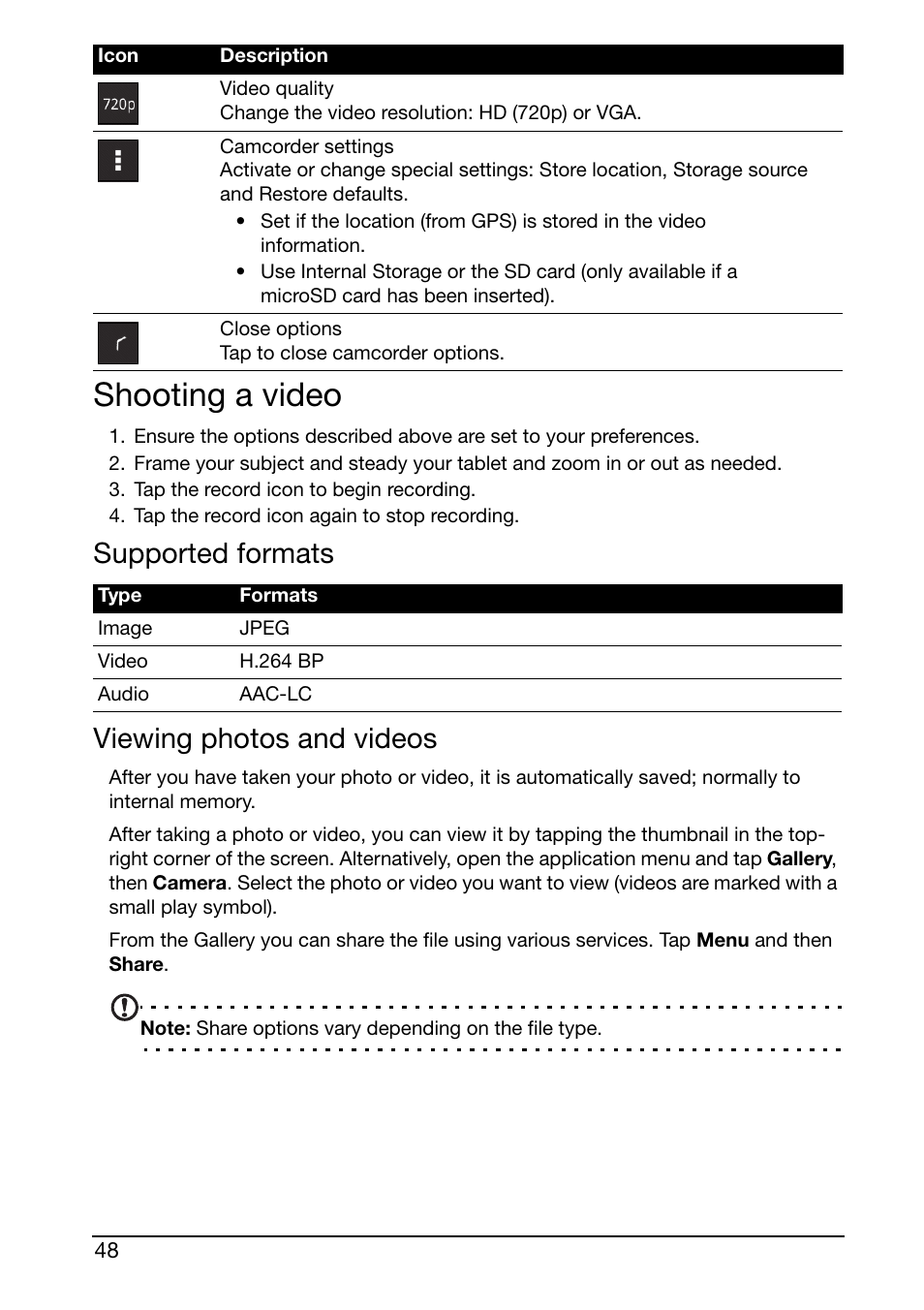 Shooting a video, Supported formats viewing photos and videos | Acer A210 User Manual | Page 48 / 59