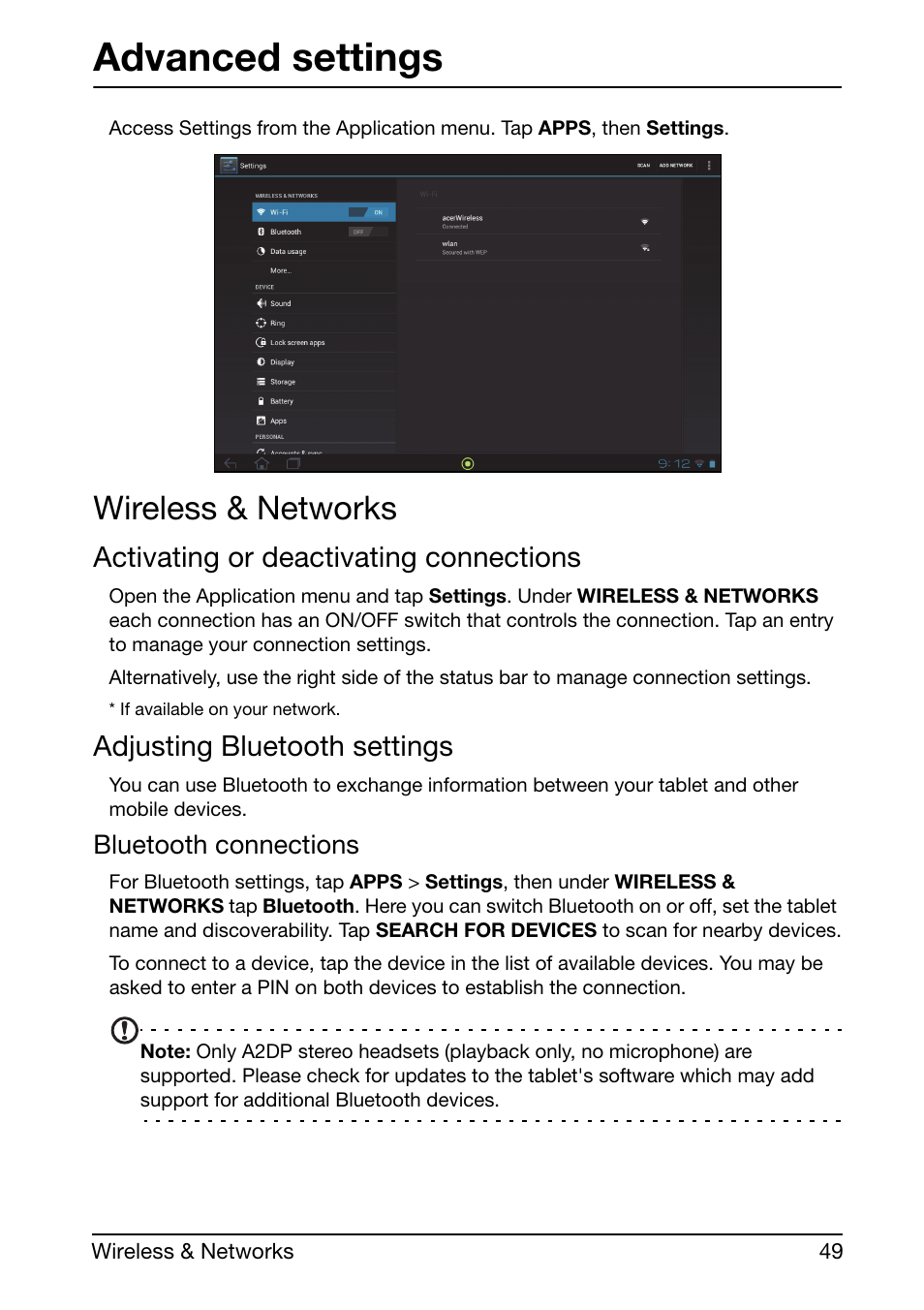 Wireless & networks, Advanced settings, Activating or deactivating connections | Adjusting bluetooth settings | Acer A210 User Manual | Page 49 / 59