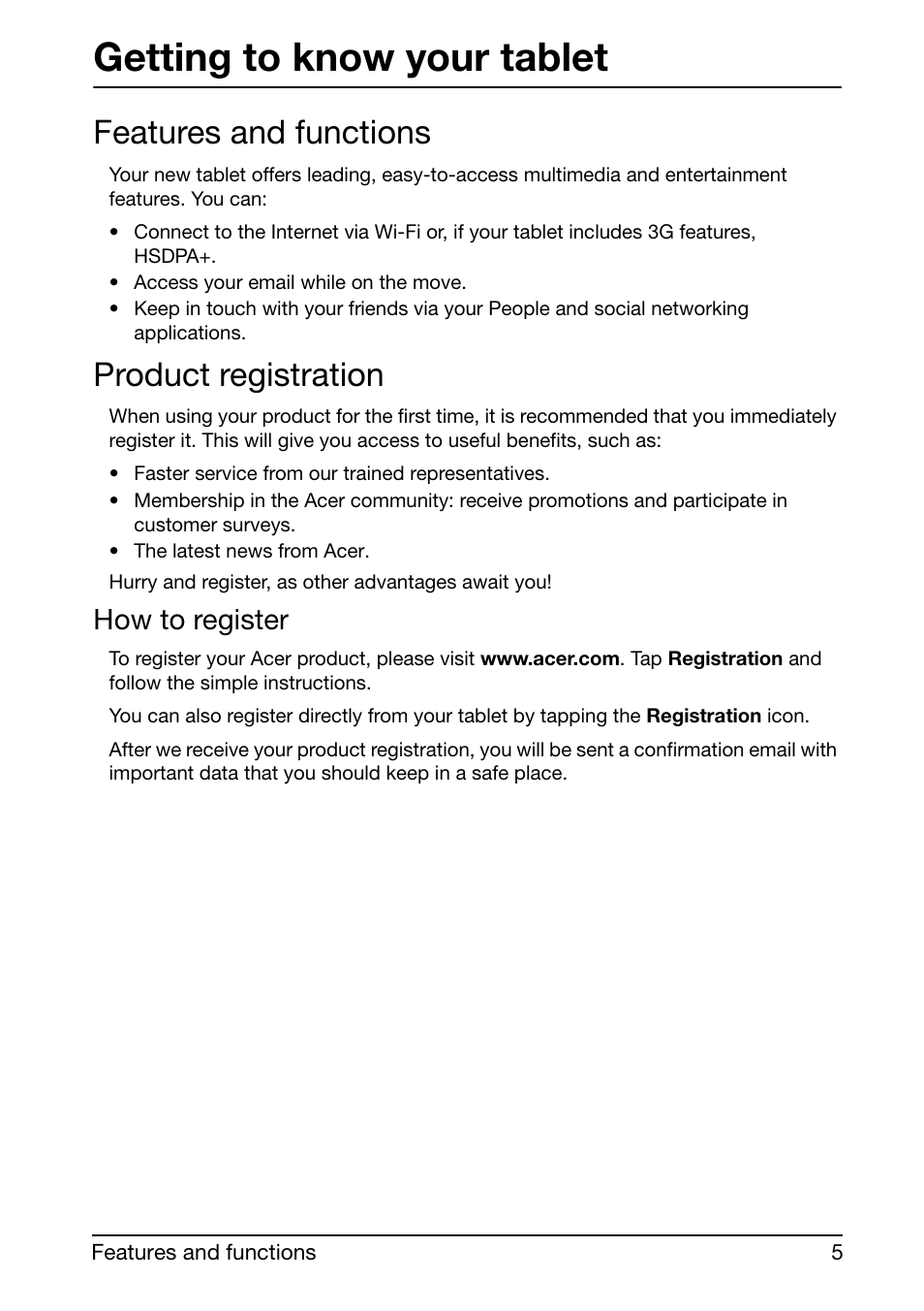 Features and functions, Product registration, Getting to know your tablet | How to register | Acer A210 User Manual | Page 5 / 59