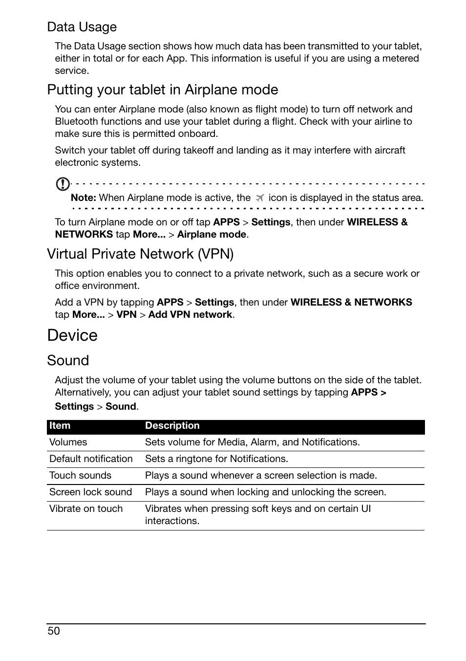 Device, Putting your tablet in airplane mode, Virtual private network (vpn) | Sound, Data usage | Acer A210 User Manual | Page 50 / 59
